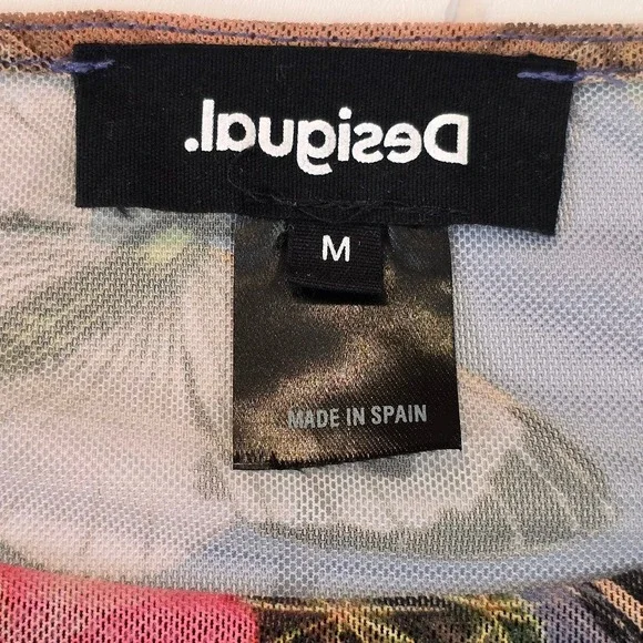 Desigual Women's M Sheer Mesh Top Blue Celestial Nature L/S Ruched Lettuce Edge - Picture 5 of 7